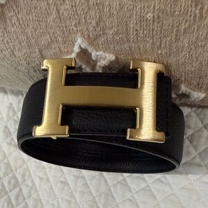 Luxury Black Leather Belt with Gold H Buckle